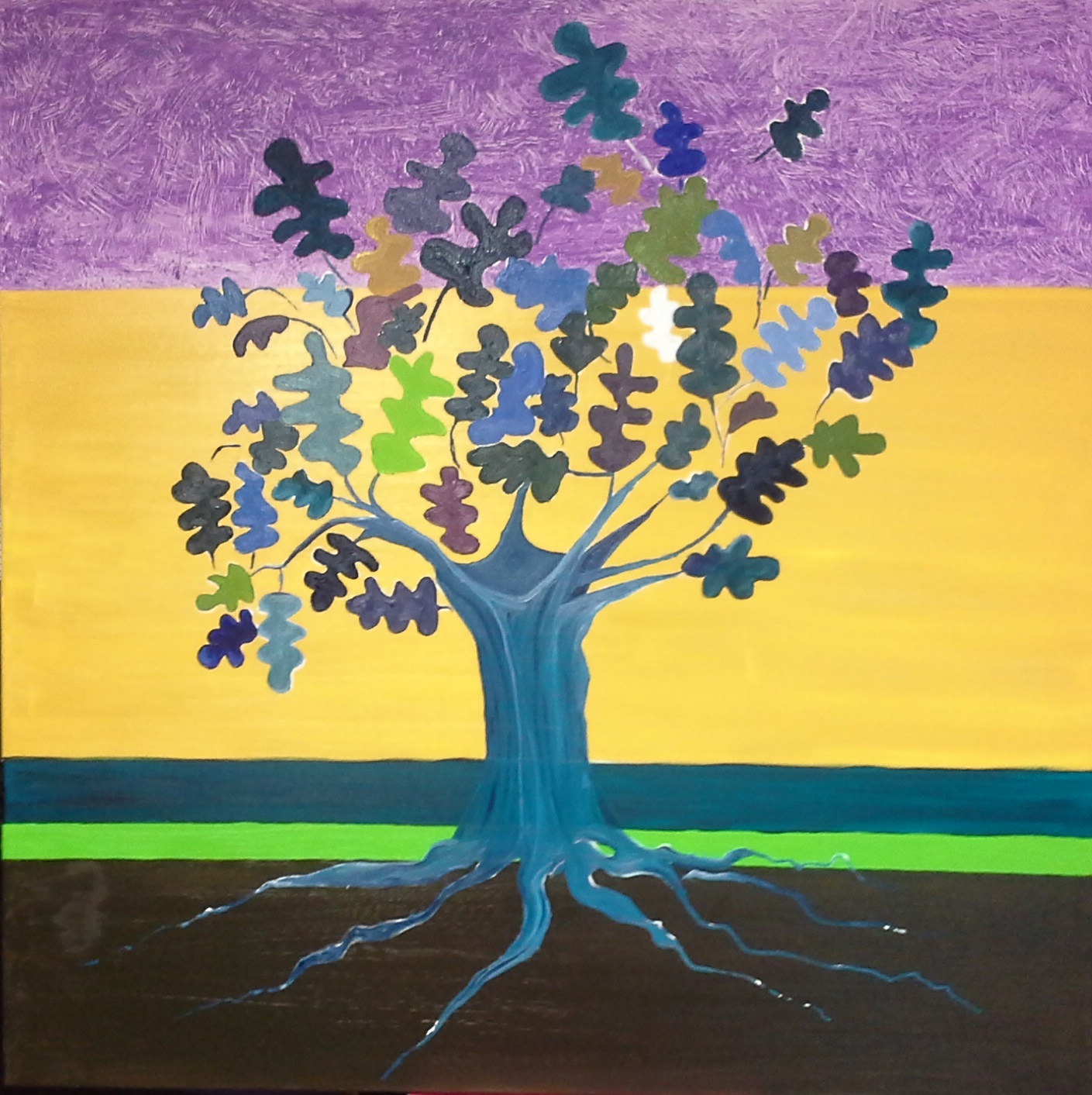 El árbol del hombre. Roble sobre paisaje de franjas de color